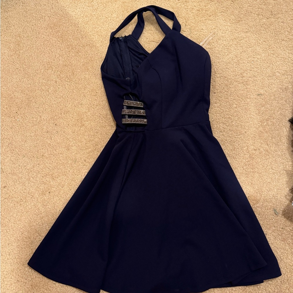 Formal Blue Dress with Rhinestone Sides